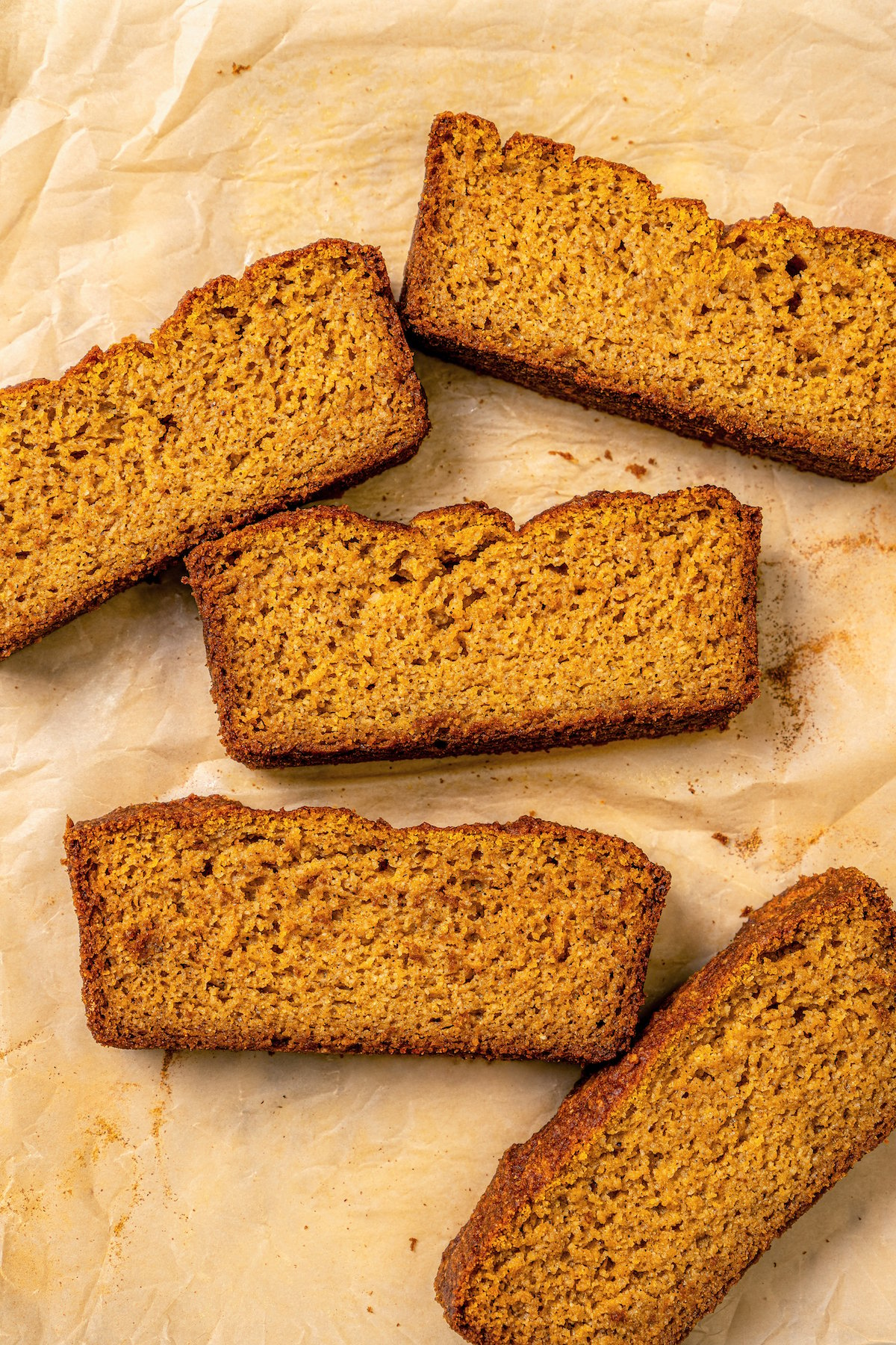 Slices of fluffy paleo pumpkin bread.